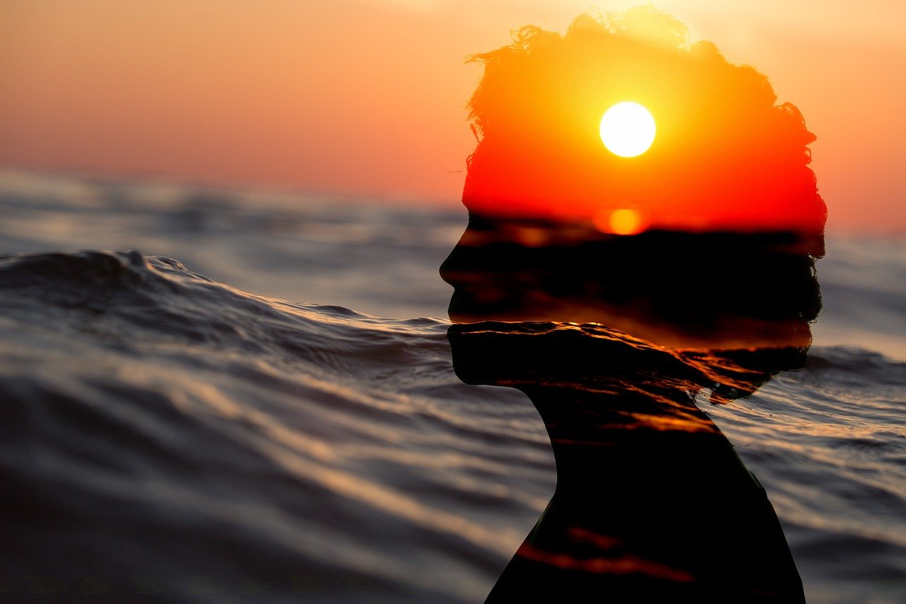 head, woman, sunset, transparent, transparency, sea, water, waves, nature, sun, psychology, therapy, female, dream, dreams, treatment, relax, depression, relaxation